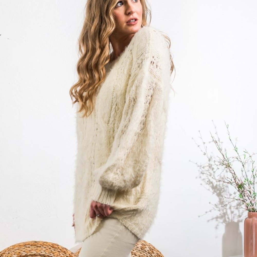 Soft Luxe Fuzzy eyelash Relaxed Fit Cable Knit Sweater in Ivory/cream